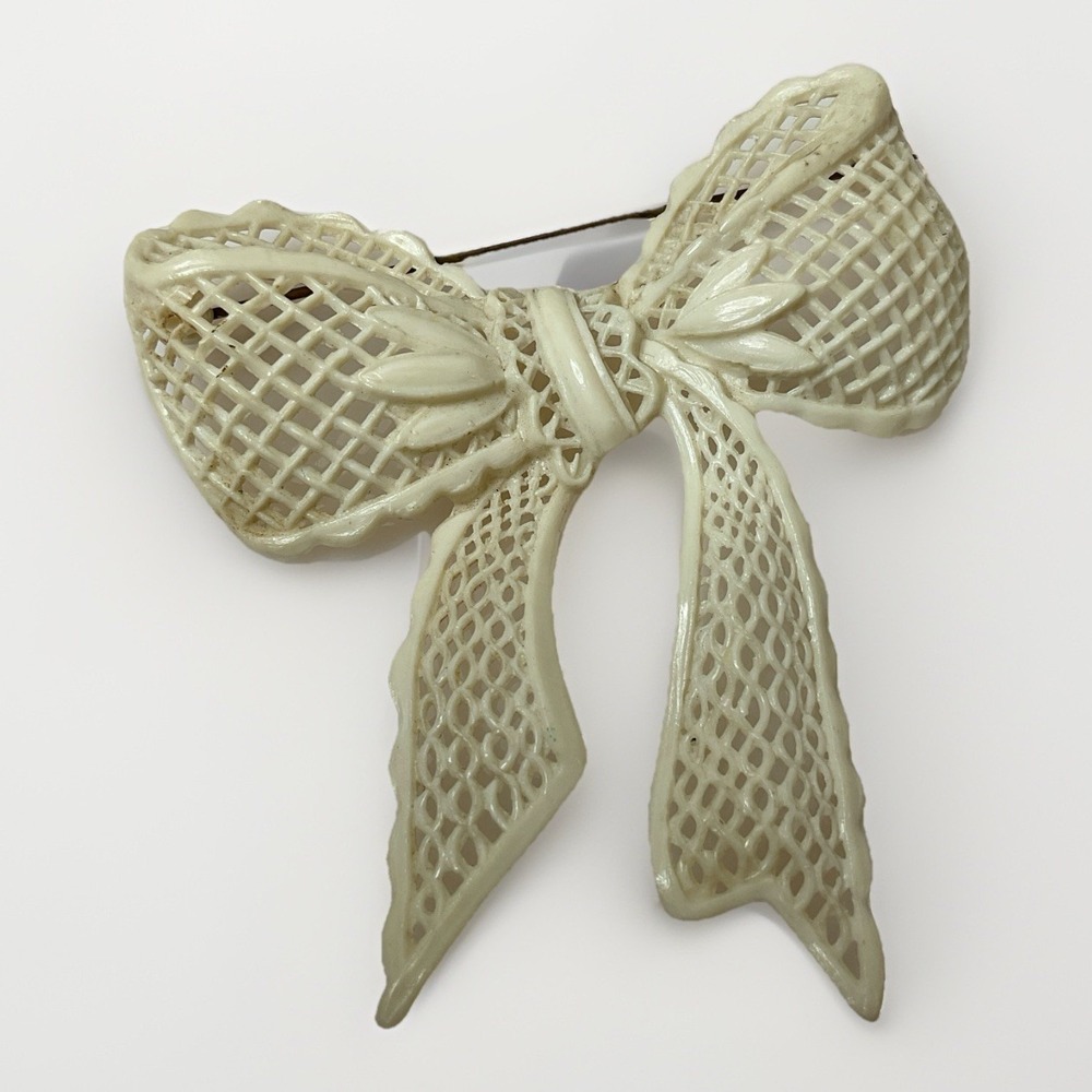 Vintage Celluloid Bow Brooch Openwork Lace Ribbon Pin Large 3.5" Cream